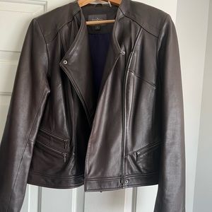 Brown Collarless Cole Han Leather Jacket